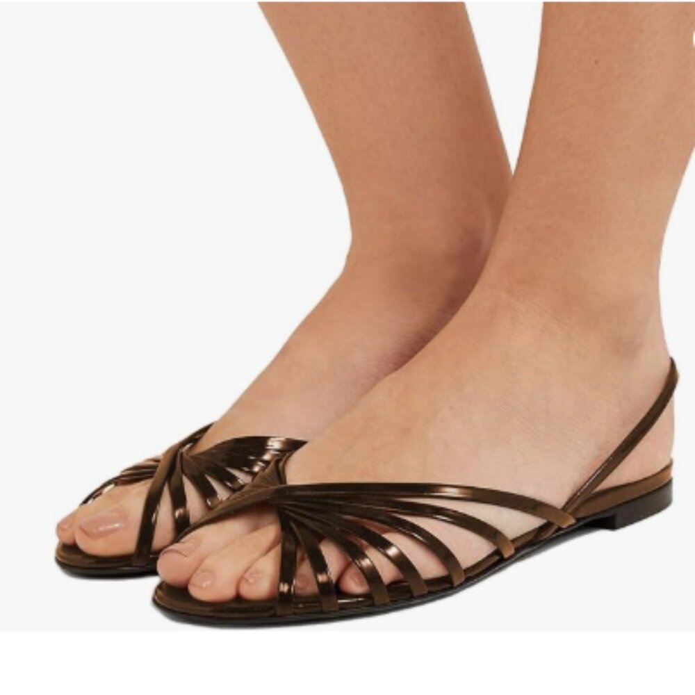 YDN Brown Peep Toe Hollow Out Slingback Flats Sandals Comfort Cutout Summer Shoe